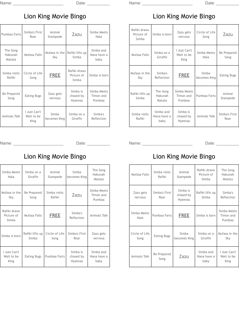 Lion King Movie Bingo