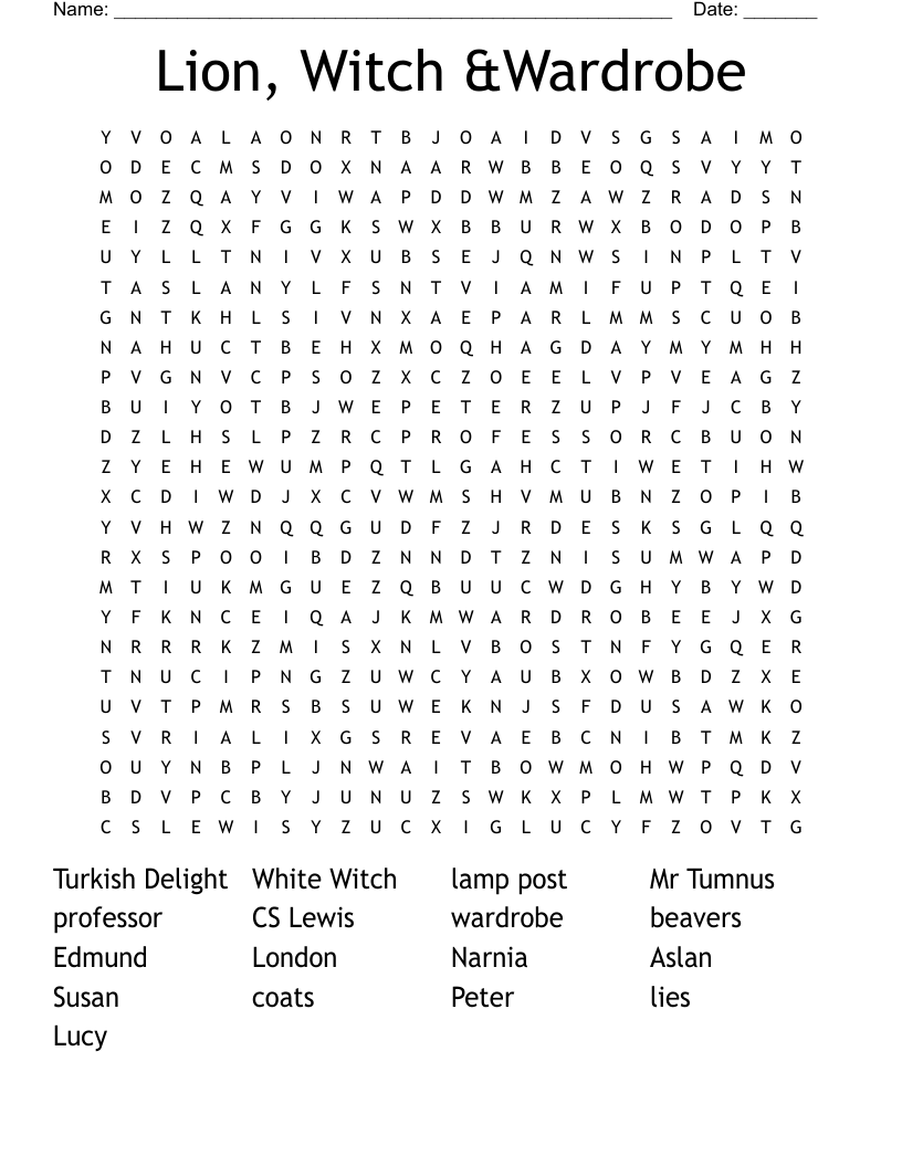 Lion, Witch &Wardrobe Word Search