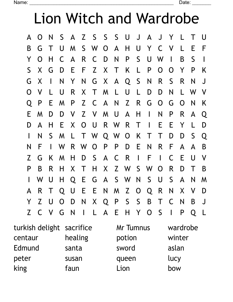 Lion Witch and Wardrobe Word Search