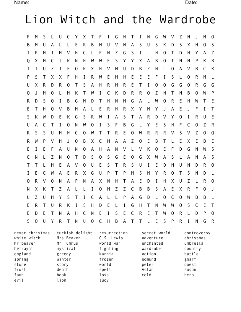 Lion Witch and the Wardrobe Word Search