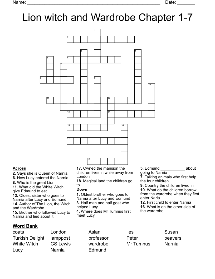 Lion witch and Wardrobe Chapter 1-7 Crossword