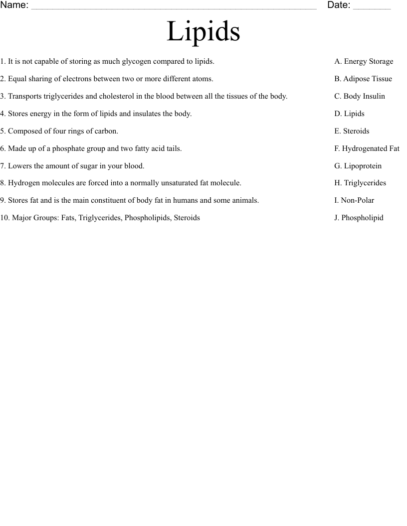 Lipids Worksheet