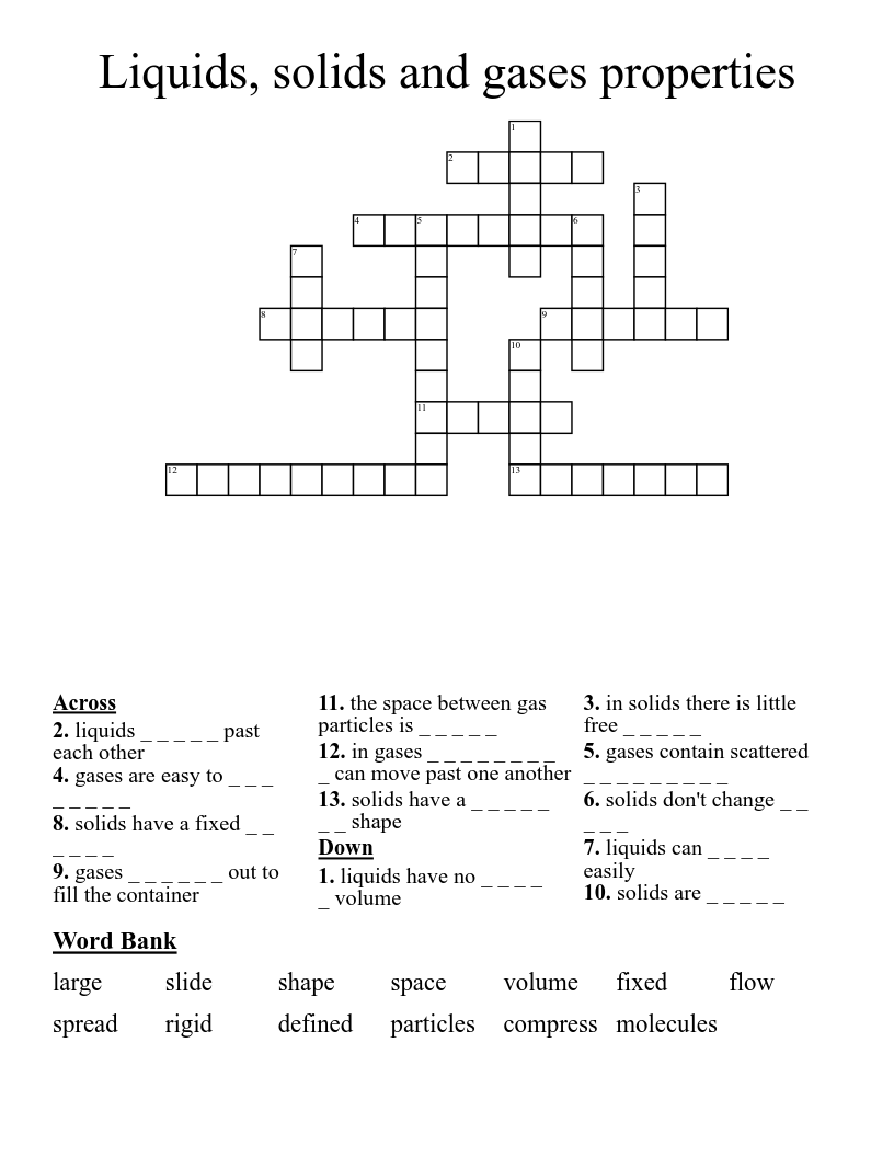 Liquids, solids and gases properties  Crossword