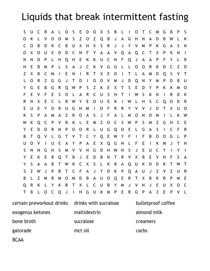 Liquids that break intermittent fasting Word Search
