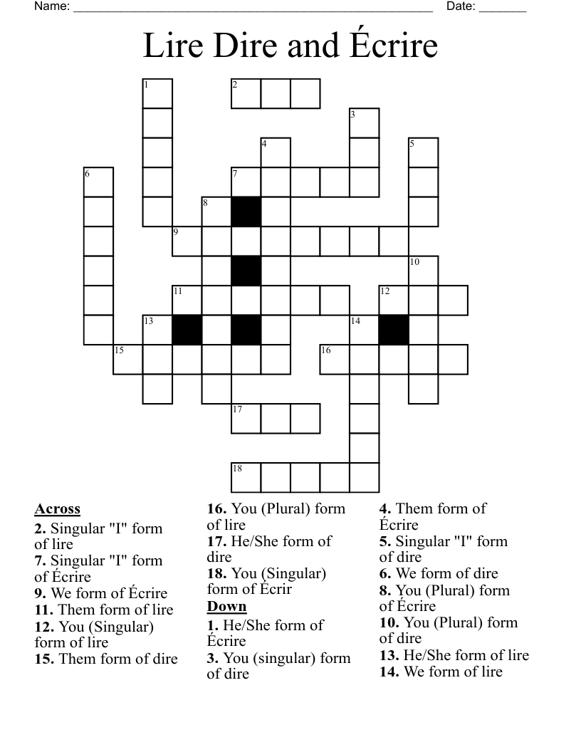Lire Dire and Écrire Crossword