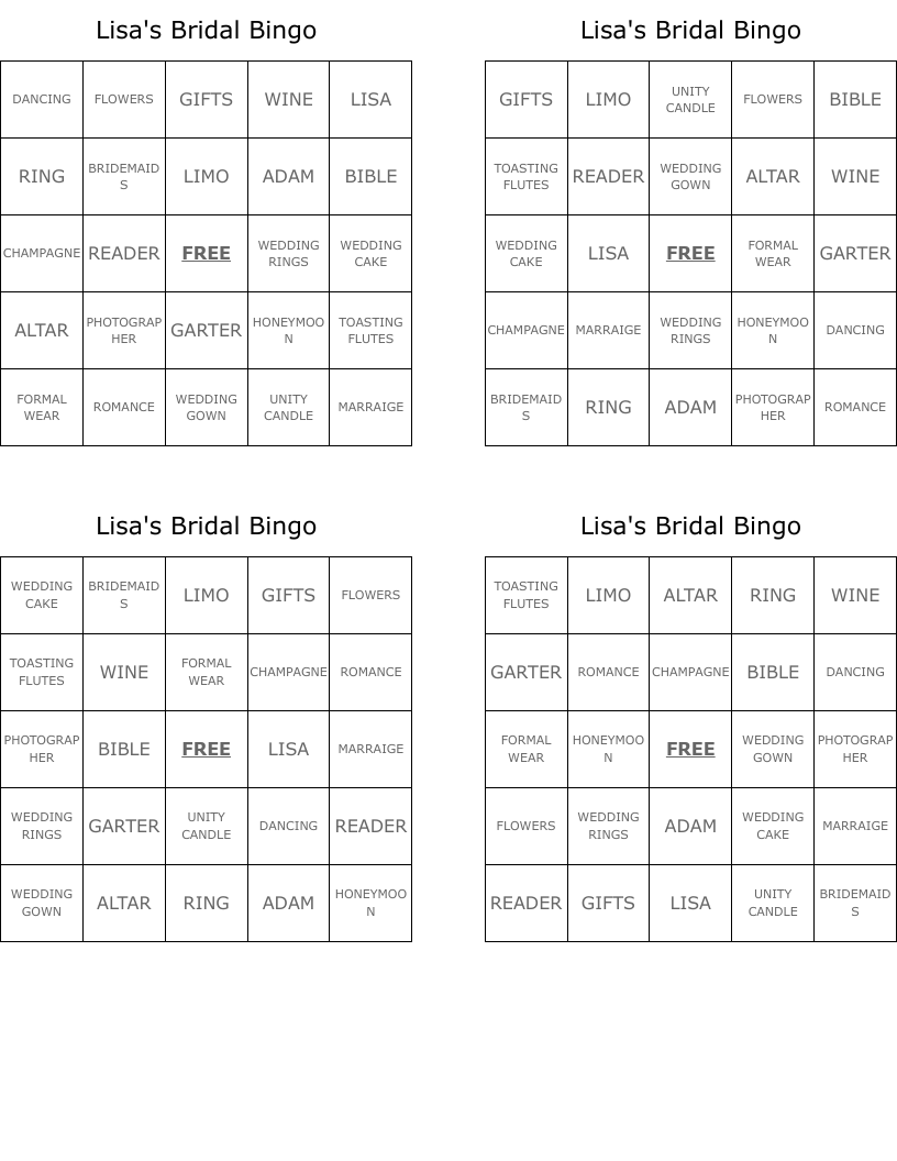 Lisa's Bridal Bingo