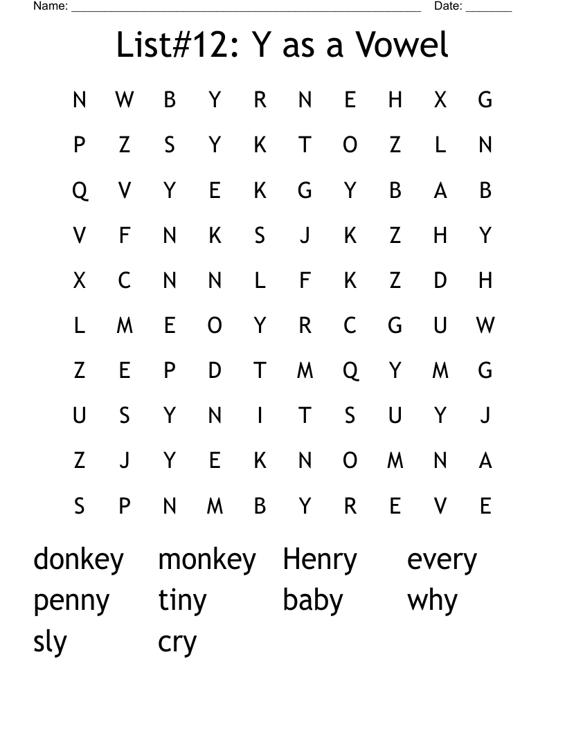 List#12: Y as a Vowel Word Search