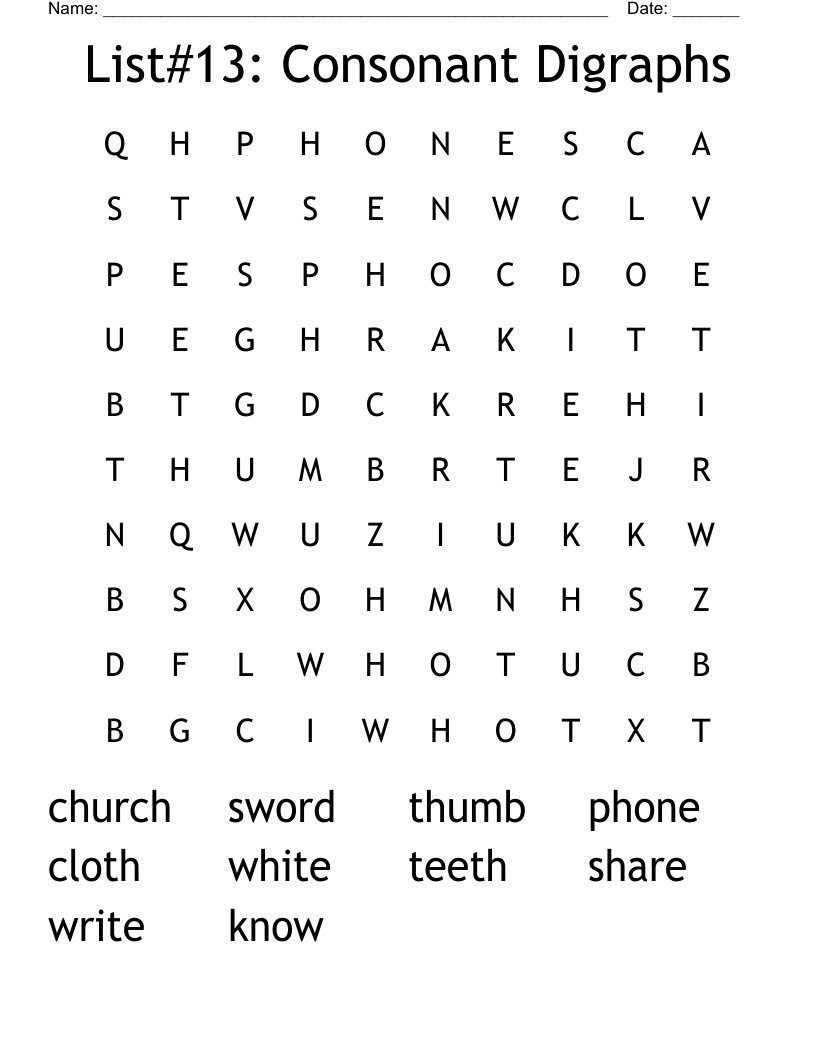 List#13: Consonant Digraphs Word Search