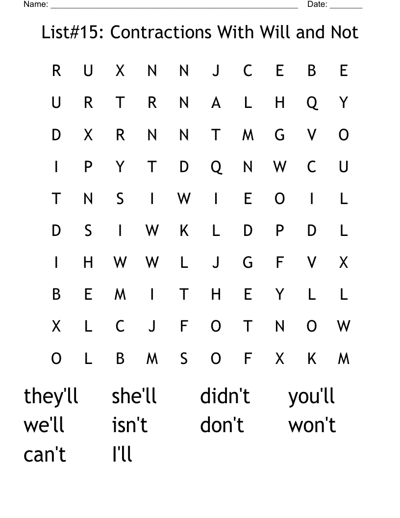List#15: Contractions With Will and Not Word Search