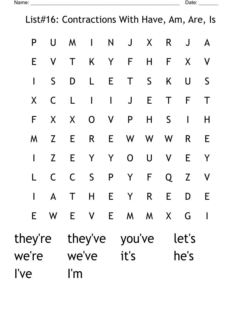 List#16: Contractions With Have, Am, Are, Is Word Search