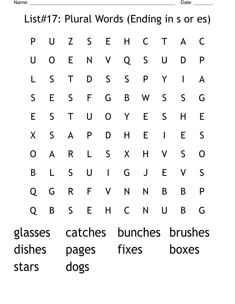 List#17: Plural Words (Ending in s or es) Word Search