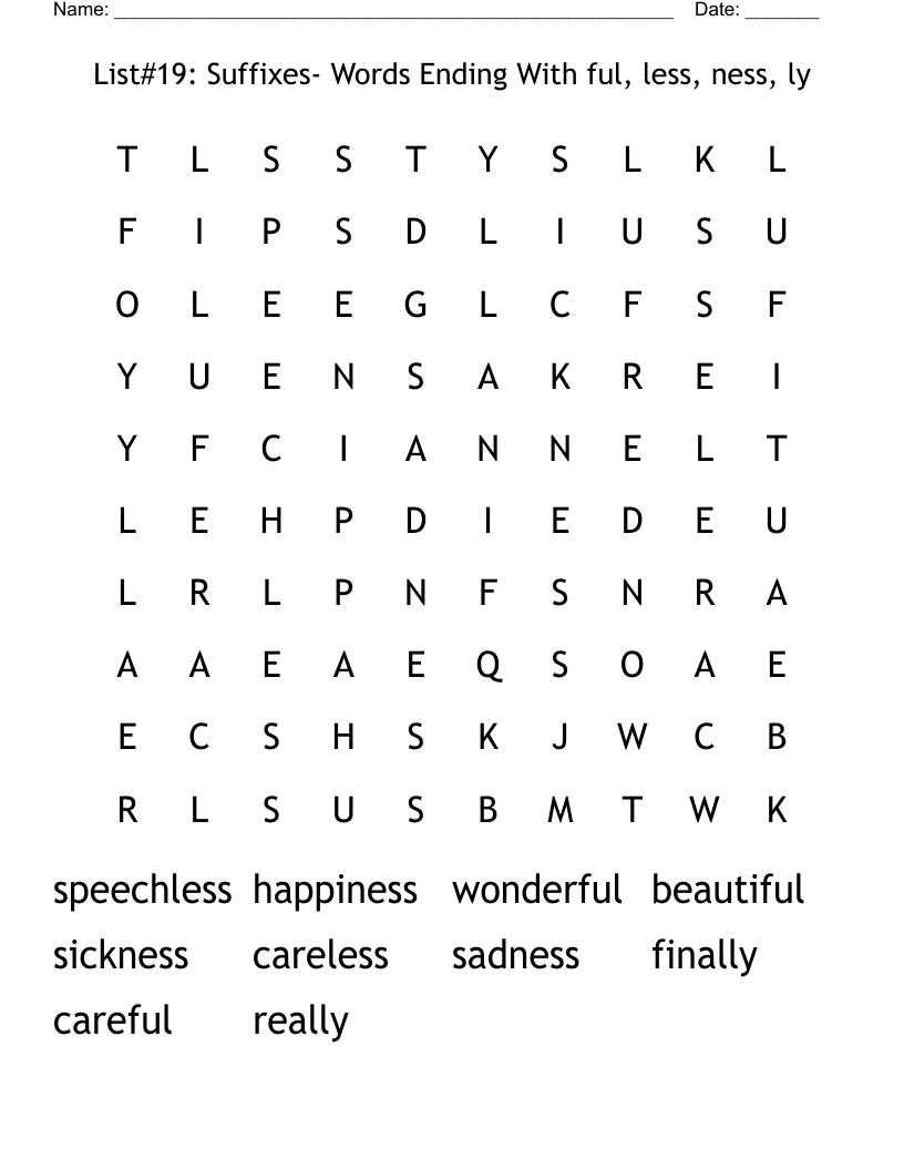 List#19: Suffixes- Words Ending With ful, less, ness, ly Word Search