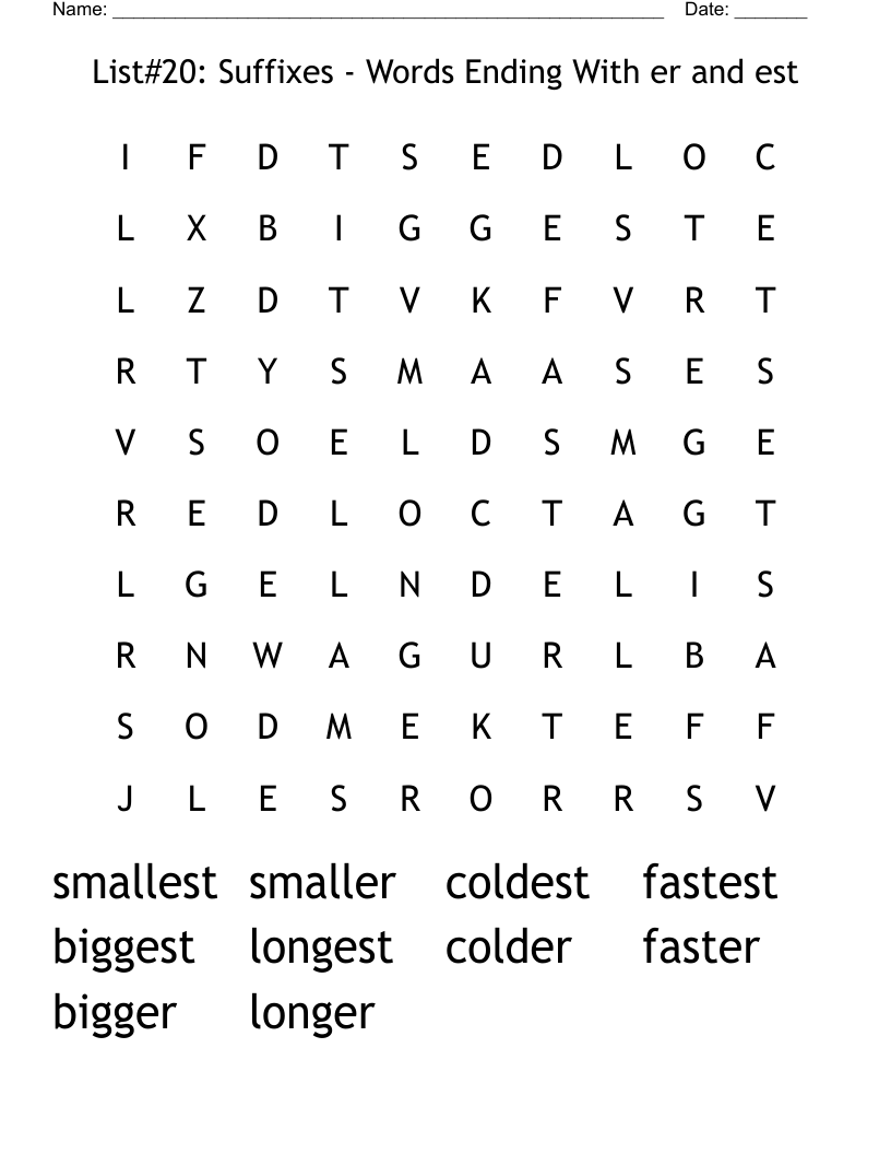 List#20: Suffixes - Words Ending With er and est Word Search