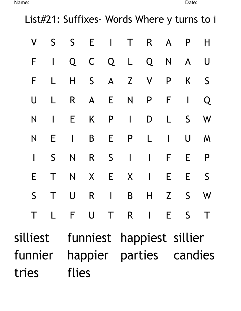 List#21: Suffixes- Words Where y turns to i Word Search