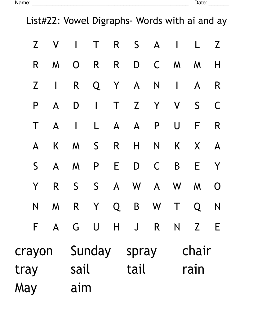List#22: Vowel Digraphs- Words with ai and ay Word Search