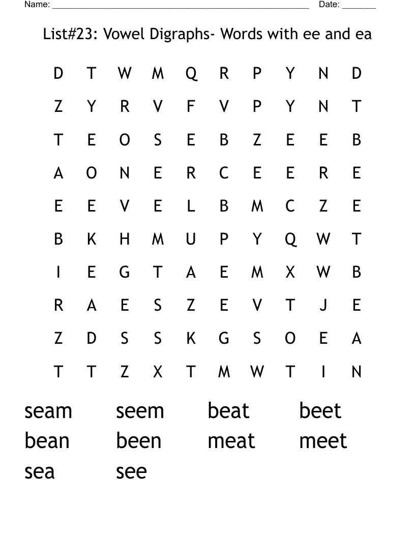 List#23: Vowel Digraphs- Words with ee and ea Word Search