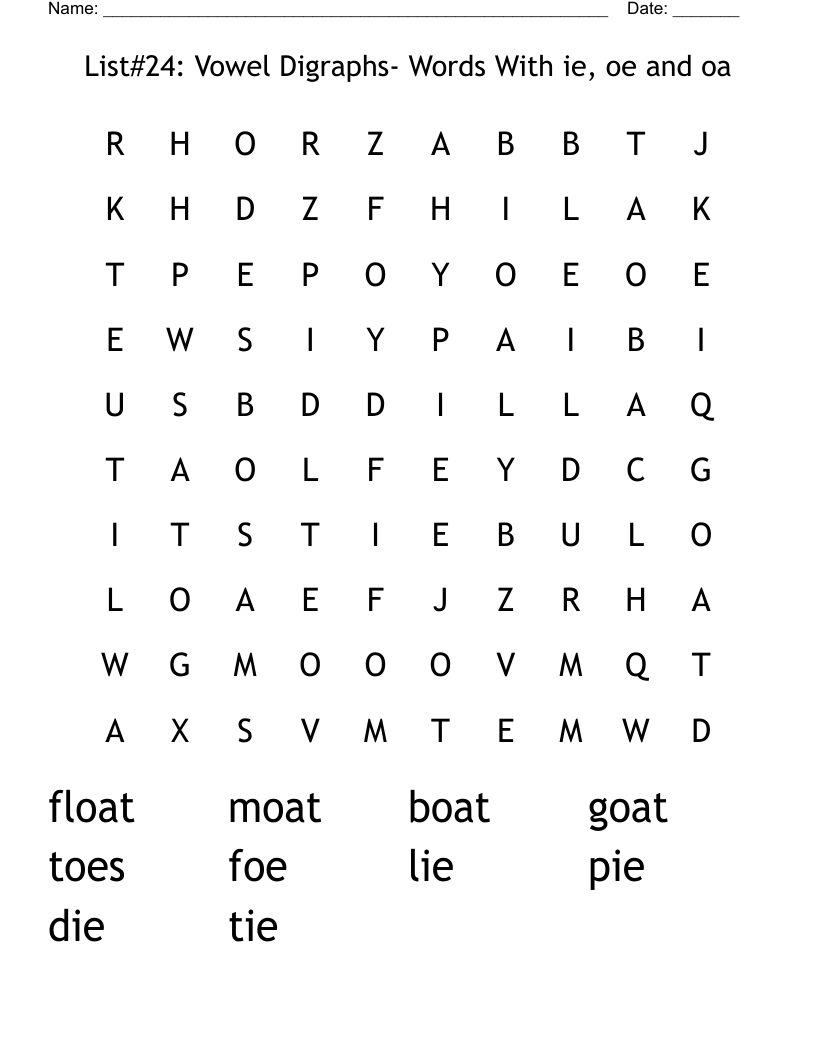 List#24: Vowel Digraphs- Words With ie, oe and oa Word Search