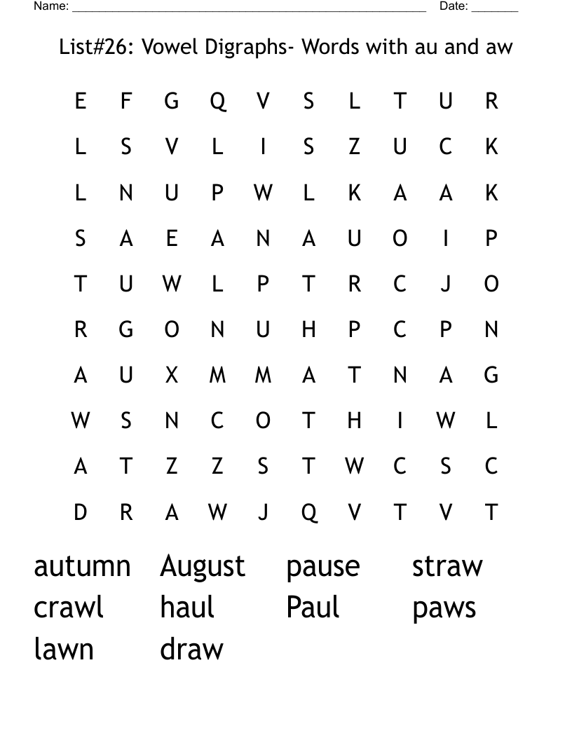 List#26: Vowel Digraphs- Words with au and aw Word Search