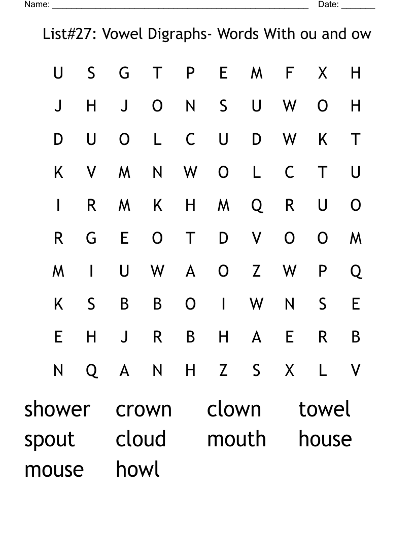 List#27: Vowel Digraphs- Words With ou and ow Word Search