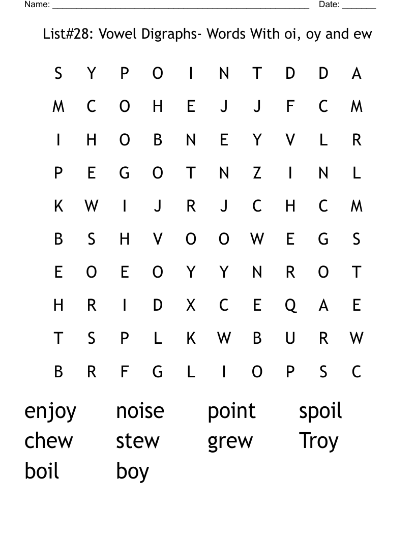 List#28: Vowel Digraphs- Words With oi, oy and ew Word Search