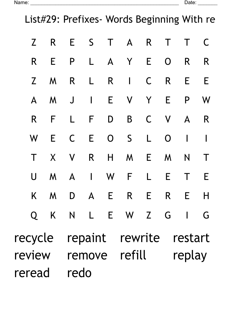 List#29: Prefixes- Words Beginning With re Word Search