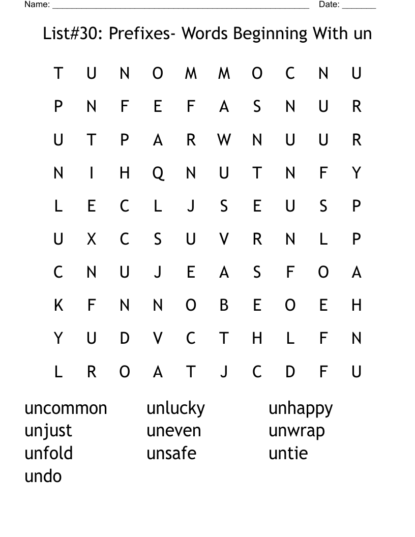 List#30: Prefixes- Words Beginning With un Word Search