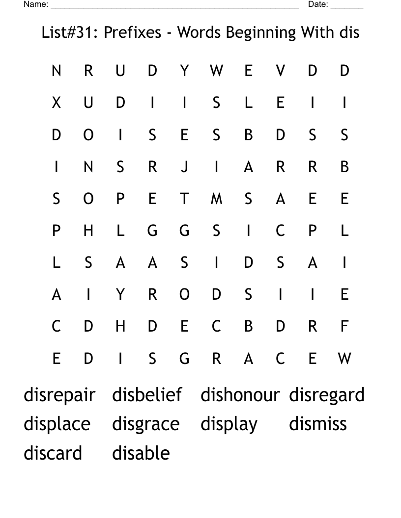 List#31: Prefixes - Words Beginning With dis Word Search