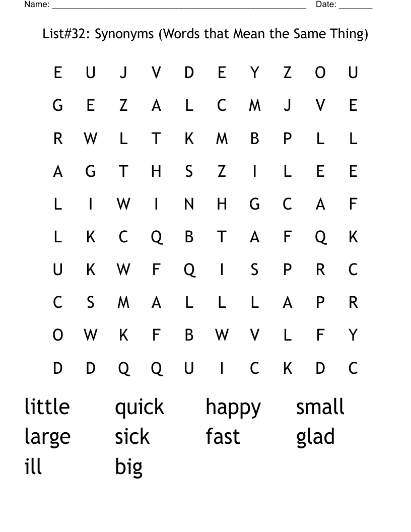 List#32: Synonyms (Words that Mean the Same Thing) Word Search