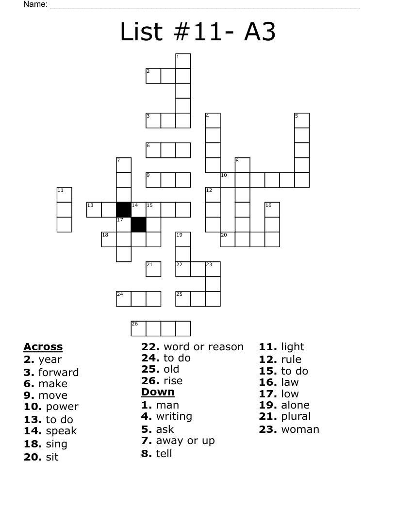 List #11- A3 Crossword