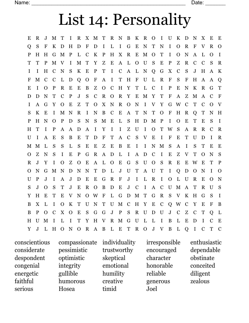 List 14: Personality Word Search