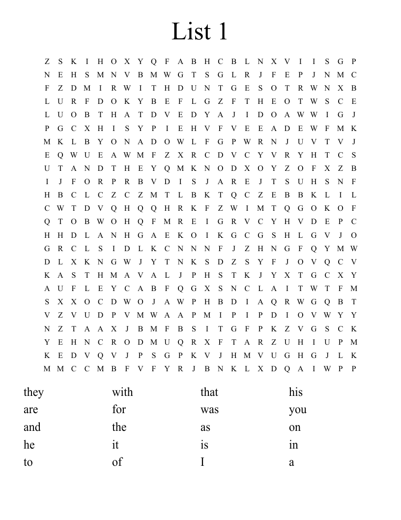 List 1 Word Search