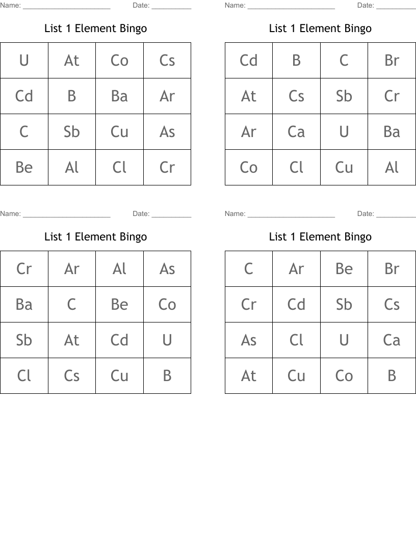 List 1 Element Bingo