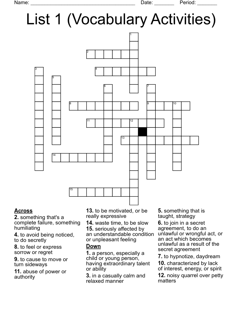 List 1 (Vocabulary Activities) Crossword