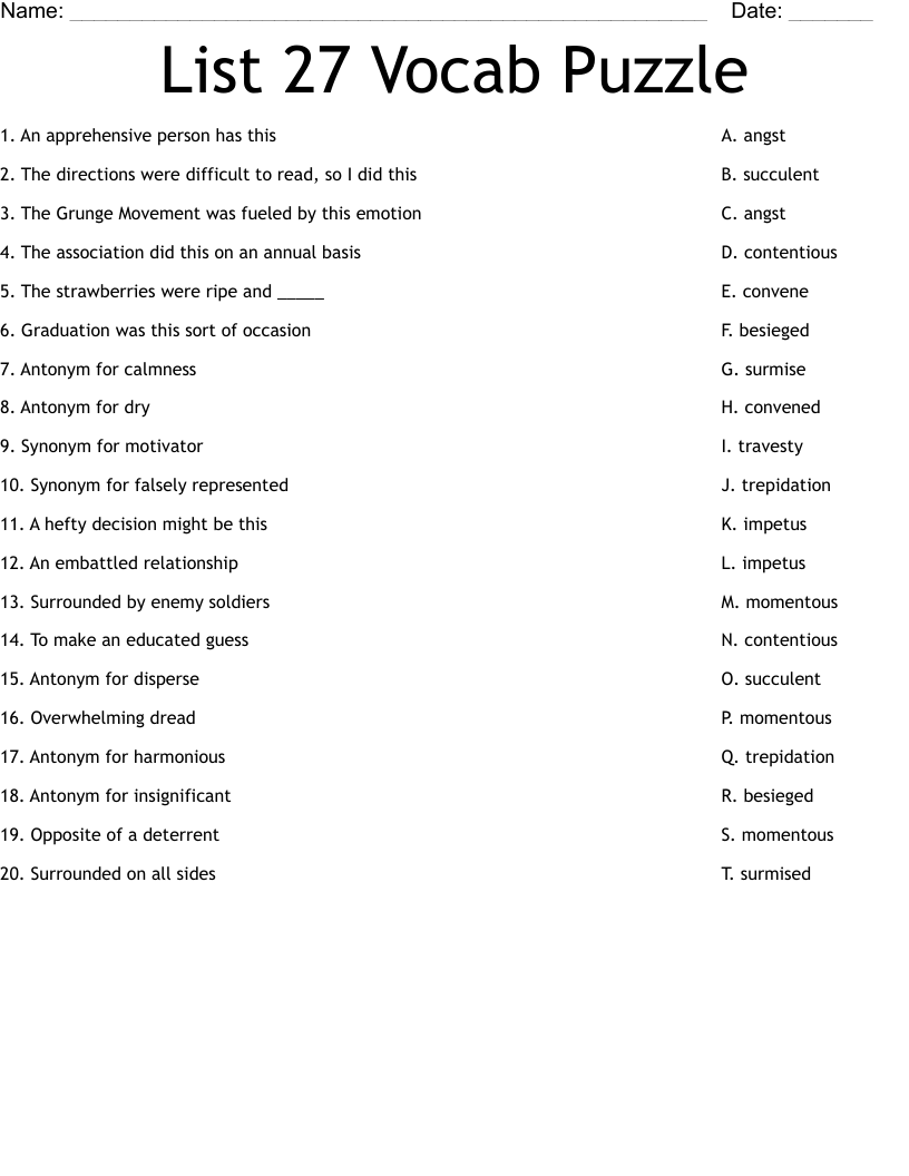 List 27 Vocab Puzzle  Worksheet