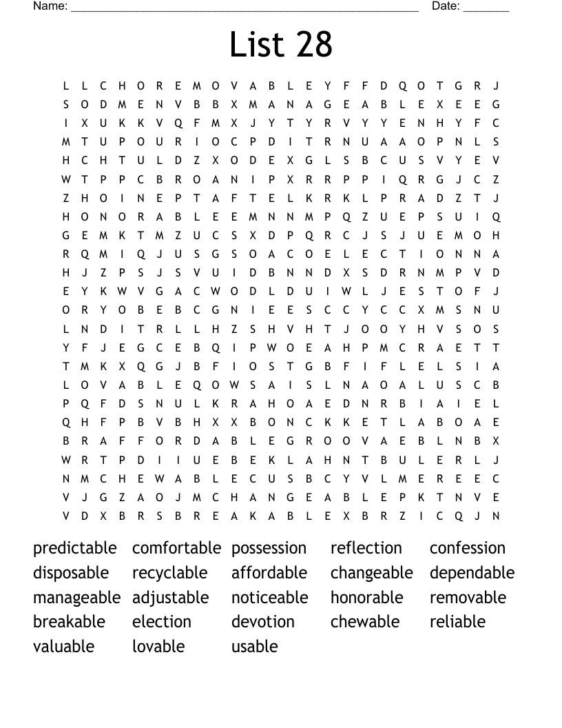 List 28 Word Search