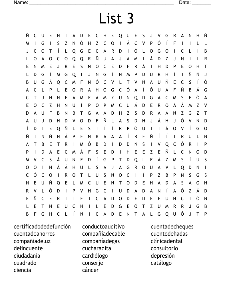 List 3 Word Search