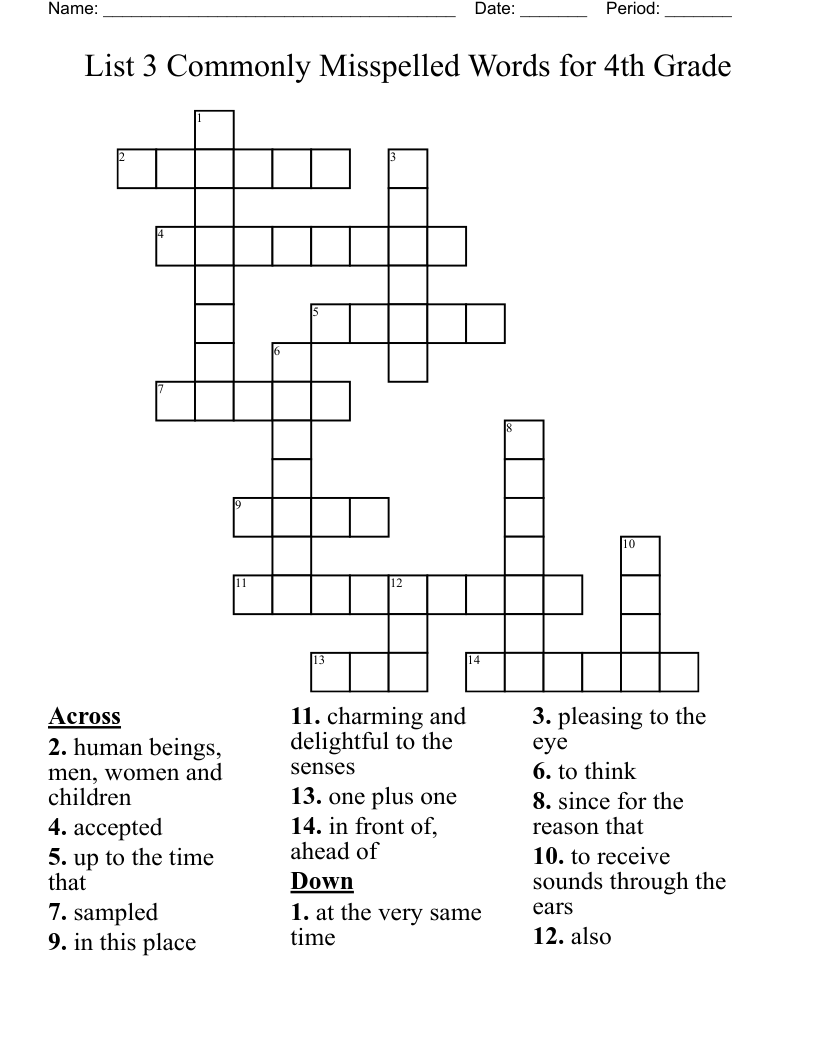 List 3 Commonly Misspelled Words for 4th Grade Crossword