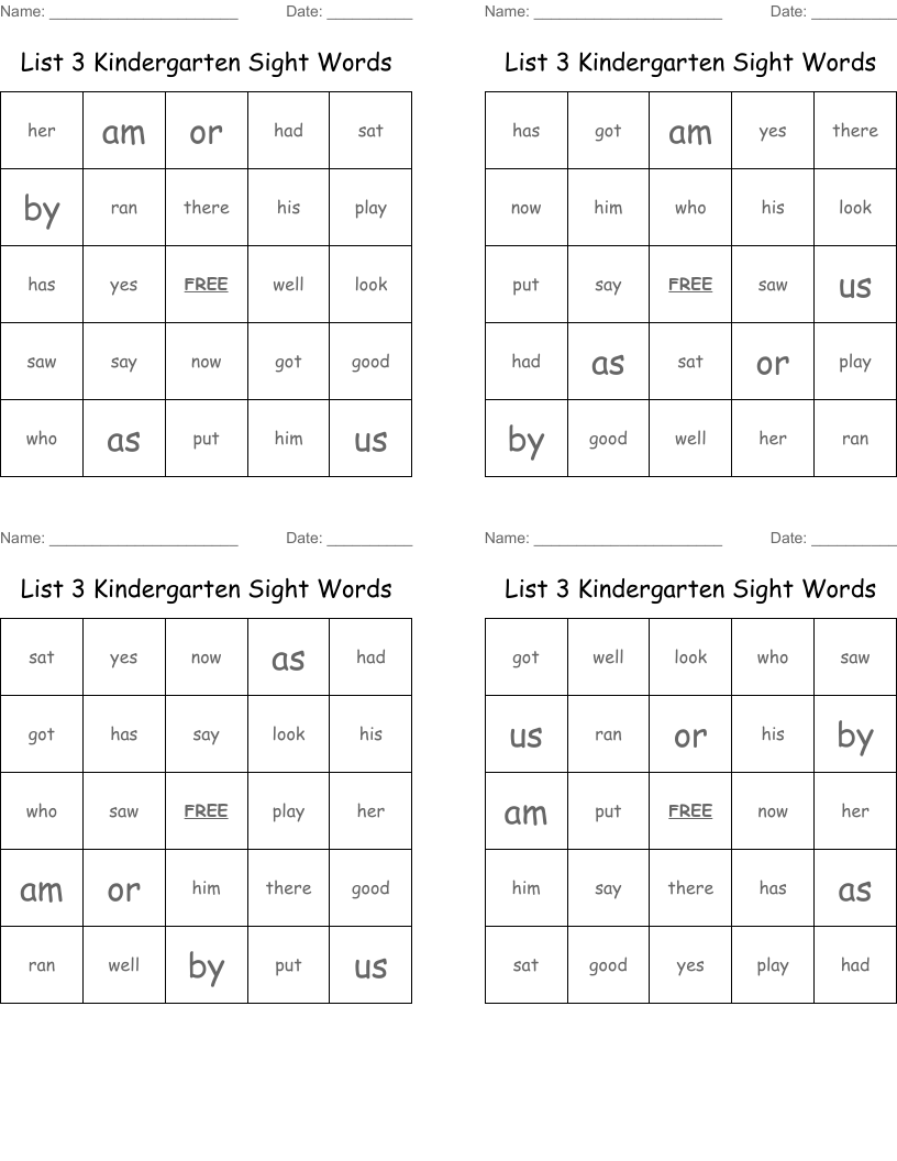 List 3 Kindergarten Sight Words Bingo Cards