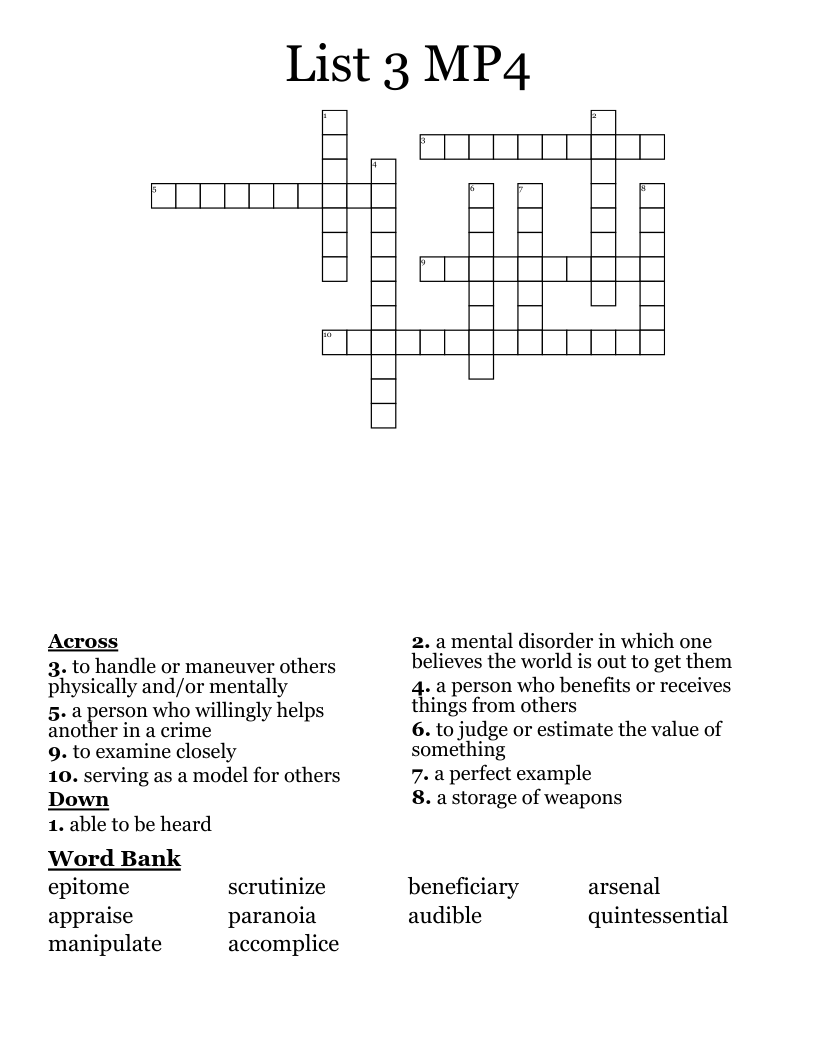 List 3 MP4 Crossword