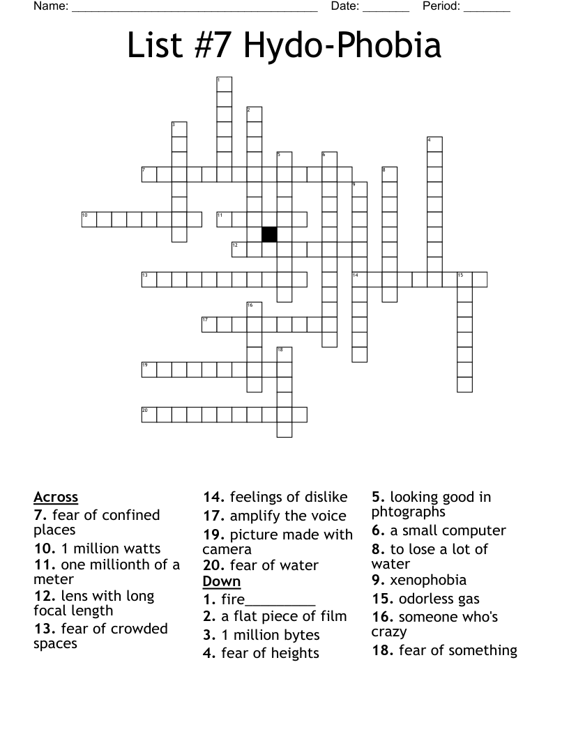 List #7 Hydo-Phobia Crossword