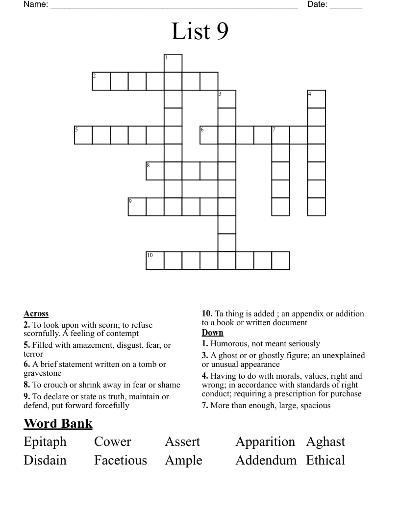 List 9  Crossword