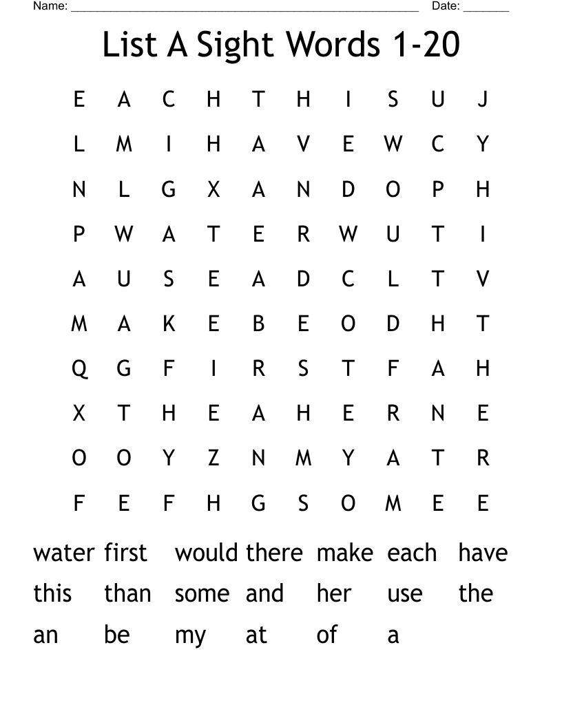 List A Sight Words 1-20 Word Search