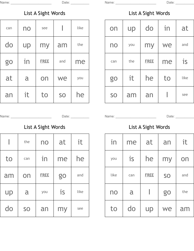 List A Sight Words Bingo Cards