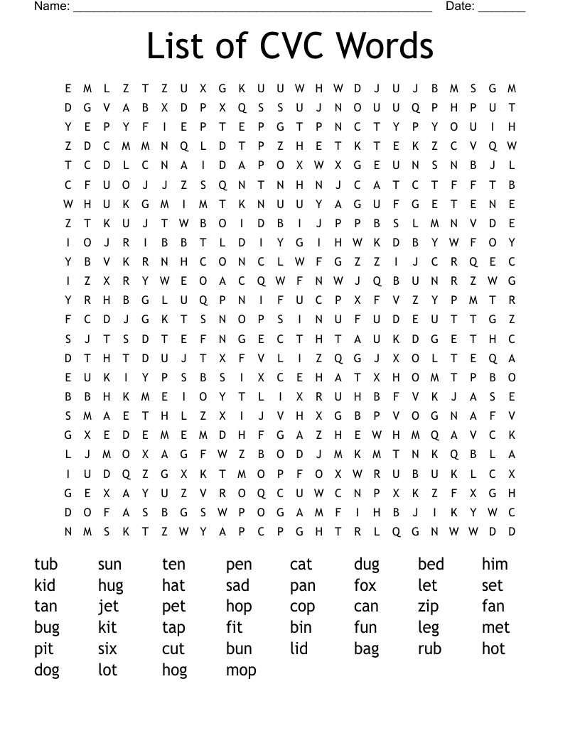 List of CVC Words Word Search