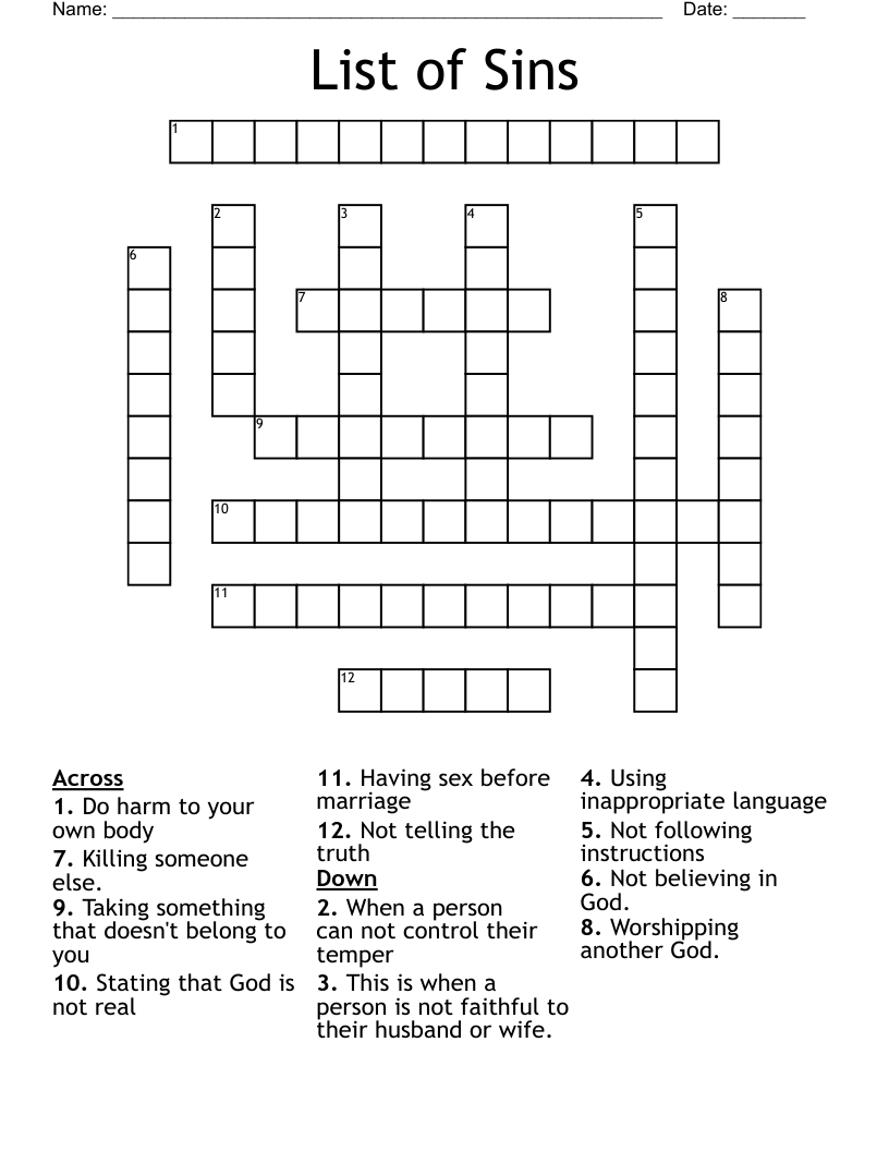 List of Sins  Crossword