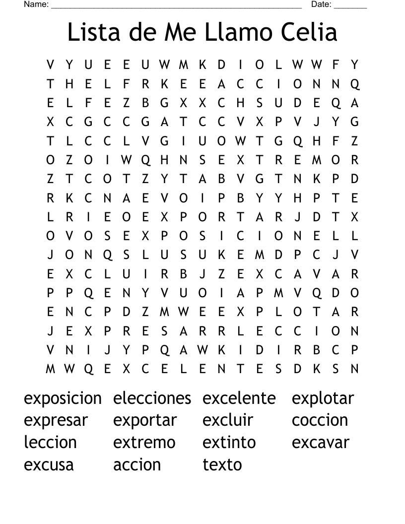 Lista de Me Llamo Celia Word Search
