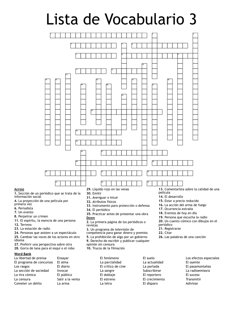 Lista de Vocabulario 3  Crossword