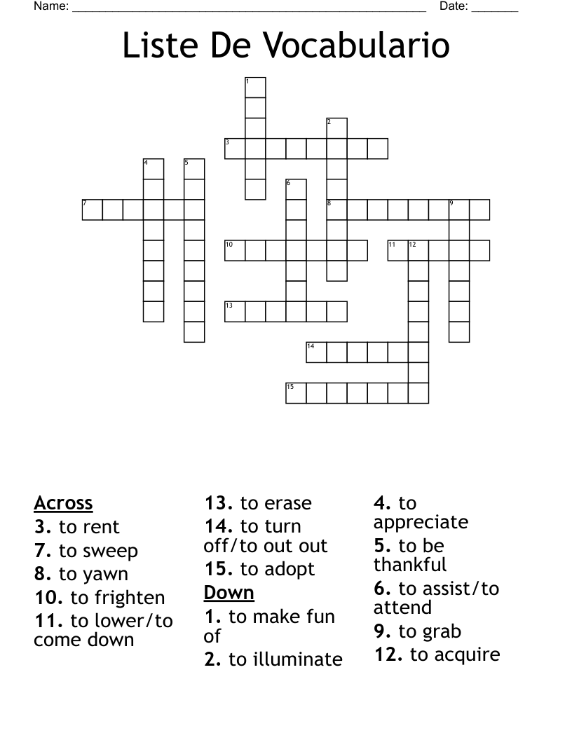 Liste De Vocabulario  Crossword