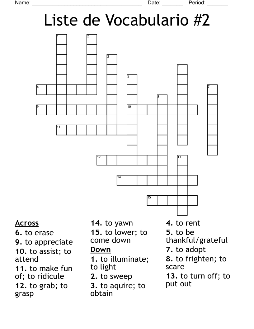 Liste de Vocabulario #2 Crossword