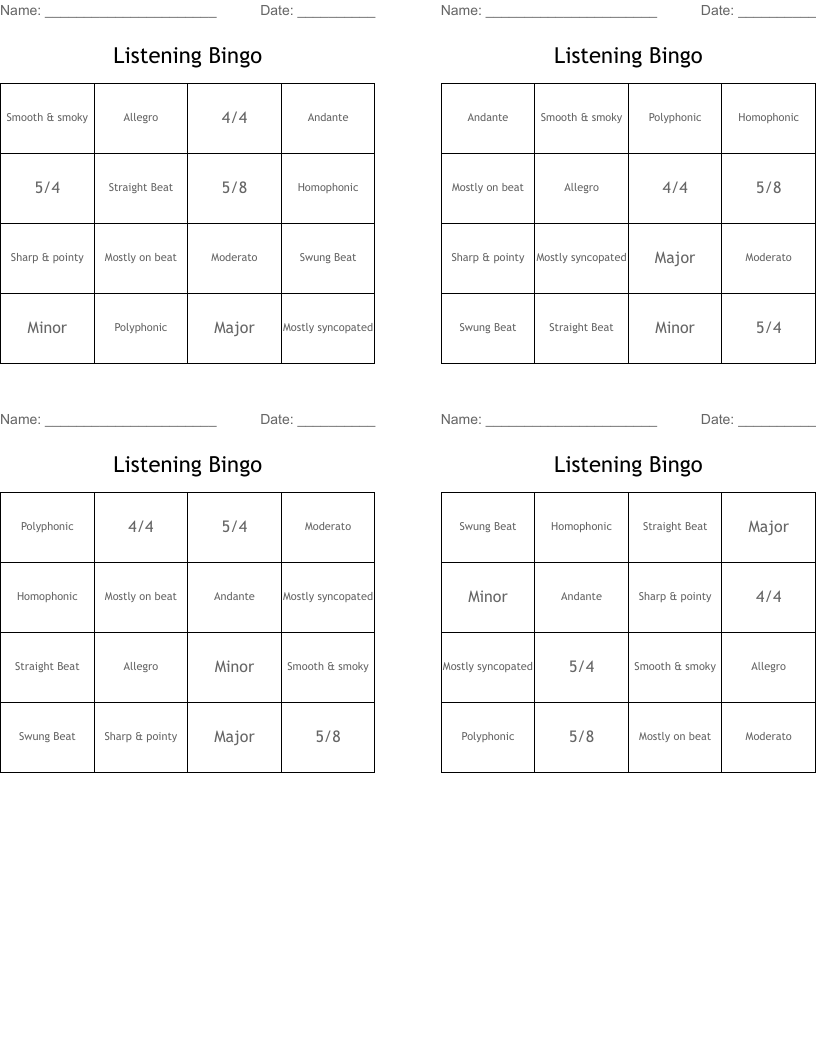 Listening Bingo 